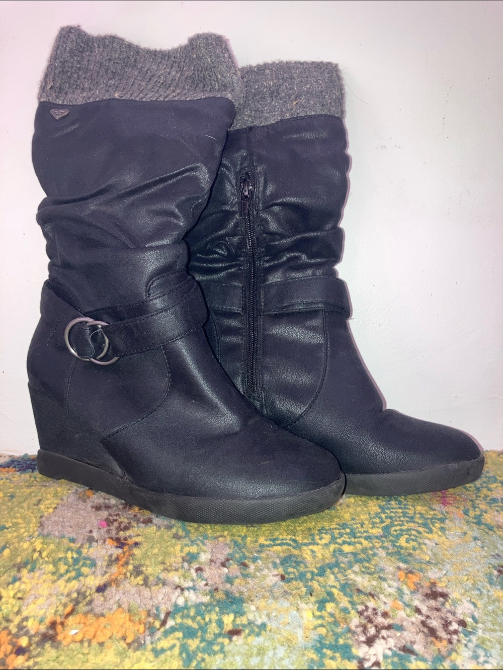 Roxy Black Wedge Heel Mid-Calf Boots with Knit Cuffs